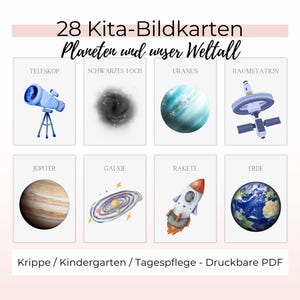 Flashcards Planeten, Astronauten, Weltall - 28 Bildkarten für Kinderkrippe, Kindergarten und Vorschule, Lernkarten Kita (PDF + Bilddateien)