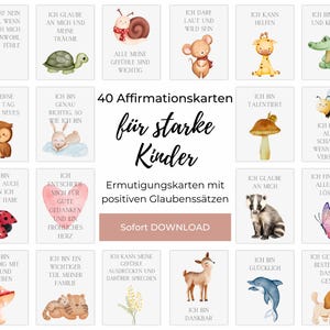 Könnte beinhalten: 40 Affirmationskarten mit Aquarell-Illustrationen von Tieren und Naturszenen. Die Karten enthalten positive Affirmationen für Kinder, wie z. B. "Ich bin mutig" und "Ich kann alles schaffen".