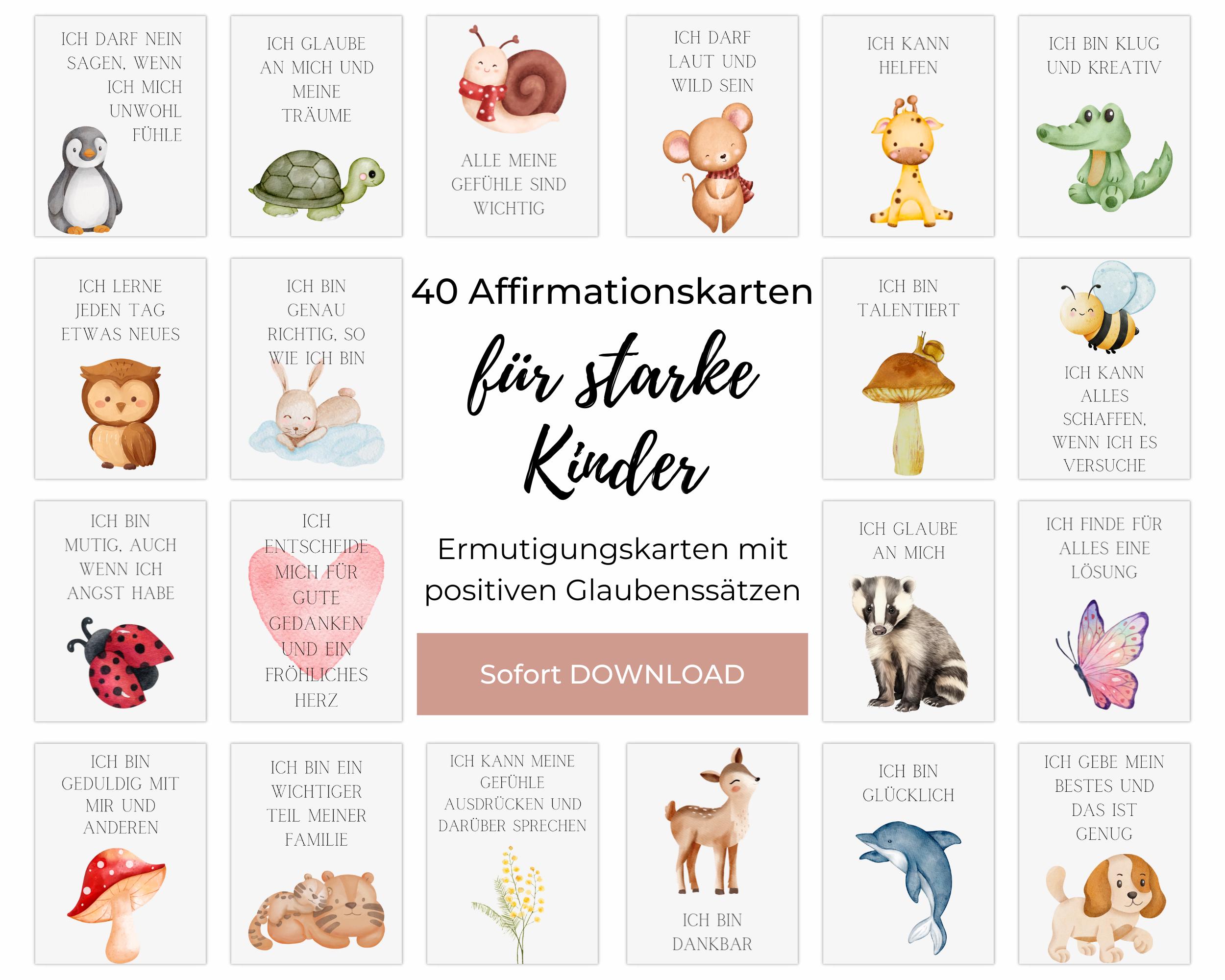 40 positive Affirmationskarten Kinder, Aquarell-Motive zum Eigendruck, Glaubenssätze und Mutmacher für Kita-Kinder und Grundschüler (PDF)