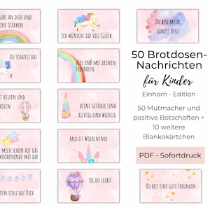 Brotbox Nachrichten PDF, 50 Brotdose Botschaften für Kinder - Einhornedition, Mutmacher Schulranzen und Lunchbox, Sofortdruck zu Hause