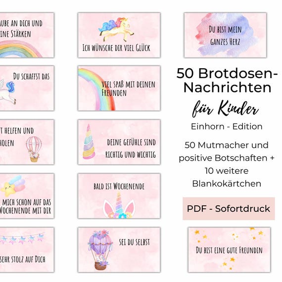 Brotbox Nachrichten PDF, 50 Brotdose Botschaften Für Kinder - Einhornedition, Mutmacher Schulranzen Und Lunchbox, Sofortdruck Zu Hause