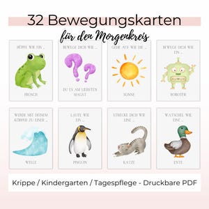May include: Eight illustrated cards featuring a frog, question marks, sun, robot, wave, penguin, cat, and duck. The cards have German text, including "32 Bewegungskarten" and "Krippe / Kindergarten / Tagespflege - Druckbare PDF".