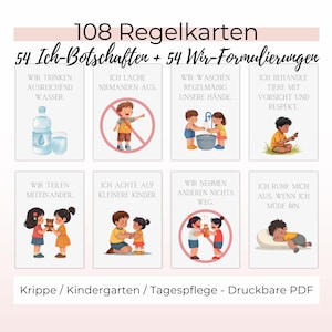 Op de afbeelding: Een set geïllustreerde kaarten met Duitse tekst, met regels voor kinderen. De kaarten tonen afbeeldingen van kinderen die water drinken, handen wassen en speelgoed delen. De tekst bevat "108 Regelkarten" en "Krippe / Kindergarten".