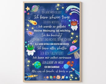 Planeten und Weltraum Poster für Kinder mit positiven Affirmationen, Mutmach Poster für das Kinderzimmer mit 14 positiven Glaubenssätzen