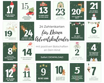 Op de afbeelding: Een set van 24 adventskalenderkaarten met de nummers 1-24, elk met een uniek ontwerp en een positieve boodschap. De kaarten zijn in groen- en wittinten en tonen feestelijke illustraties zoals rendieren, kerstmannen en kerstbomen. Tekst in het Duits is inbegrepen.
