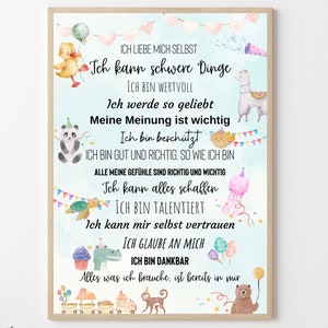 Kinderposter Tieren mit positiven Botschaften, Positive Glaubenssätze Affirmationsposter Kinderzimmer, Mutmachende Sätze für starke Kinder