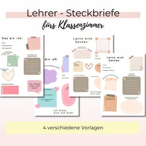 Könnte beinhalten: Vier verschiedene Lehrer-Steckbriefe für das Klassenzimmer mit pastellfarbenen Feldern, Herzformen und Textvorgaben auf Deutsch. Die Vorlagen enthalten Bereiche für Namen, Fächer, Hobbys und persönliche Fakten mit dekorativen Klebeband- und Blumenmotiven.
