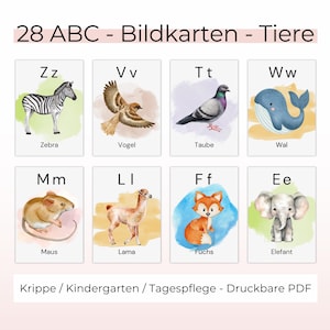 May include: A set of 28 printable flashcards featuring watercolor illustrations of animals and their corresponding letters of the alphabet. The flashcards are labeled with the animal name and letter in German. The text "28 ABC - Bildkarten - Tiere" appears at the top of the image.