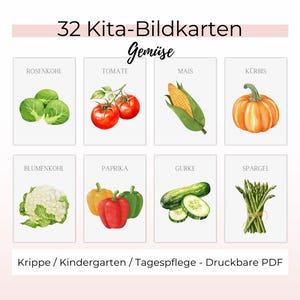 Flashcards Gemüse - 32 Montessori Bildkarten für Kinderkrippe, Flashcards Kindergarten und Vorschule, Lernkarten Kita (PDF + Bilddateien)