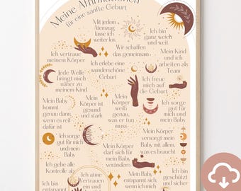 Poster mit Affirmationen für Schwangere, Hebammen und Doulas, Hypnobirthing, Positive Glaubenssätze sanfte Geburt Sofort Download