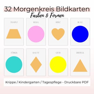 Op de afbeelding: Een set van 32 printbare flashcards voor een ochtendcirkel in een klaslokaal of kinderopvang. De kaarten tonen verschillende vormen en kleuren, waaronder een trapezium, een hart, een cirkel, een ruit en een driehoek. De tekst op de kaarten is in het Duits.