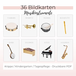 Flashcards Musikinstrumente - 36 Bildkarten für Kinderkrippe, Kindergarten und Vorschule, Lernkarten Musikschule (PDF + Bilddateien)