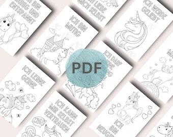 Einhorn Affirmationskarten Kinder zum Ausmalen, PDF mit 20 Einhörner Motiven zum Ausdrucken, Stärkung Selbstbewusstsein Kind