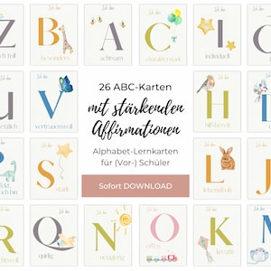 ABC Lernkarten mit positiven Glaubenssätzen für Kinder in der Vorschule und Grundschule, 26 Affirmationskarten als PDF-Sofortdruck-Datei