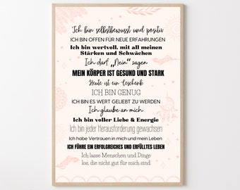 Affirmationsposter Boho Stil für mehr Selbstliebe und Reflexion im Alltag, Home Office Motivationsposter,Achtsamkeitsdruck mit Affirmationen