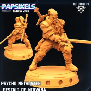 Op de afbeelding: Een 3D-geprint miniatuur van een cyberpunk-personage dat een zwaard vasthoudt. Het personage draagt een donker jack met een riem en heeft een baard. Het miniatuur is geverfd in een licht oranje kleur en staat op een ronde basis.