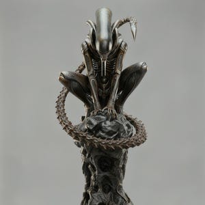 Könnte beinhalten: Eine detaillierte Skulptur einer Alien-Kreatur, die auf einem strukturierten Sockel mit drei Alien-Eiern hockt. Die Figur ist dunkelmetallfarben, mit einem langen Kopf und einem segmentierten Körper. Der Sockel ist dunkelbraun.