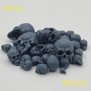 Op de afbeelding: Een stapel van 30 grijze plastic schedels, sommige met gedetailleerde kenmerken, andere eenvoudiger. De schedels zijn in een willekeurig patroon gerangschikt, waarbij sommige elkaar overlappen. De tekst "30 Pcs" is zichtbaar in de linkerbovenhoek van de afbeelding. De tekst "SKULLS" is zichtbaar in de rechterbenedenhoek van de afbeelding.