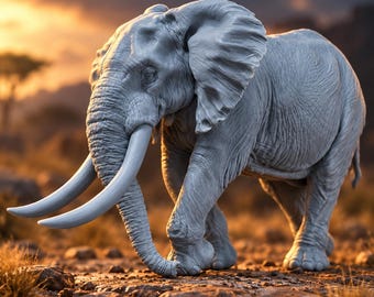 Puede incluir: Una figura de elefante gris con orejas grandes y colmillos prominentes, de pie sobre una superficie texturizada. El elefante tiene una textura de piel detallada y se muestra de perfil, destacando su trompa y sus patas robustas y realistas.