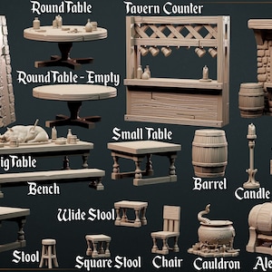 Op de afbeelding: Een verzameling 3D-geprinte miniatuurmeubels en rekwisieten voor tabletop role-playing games, waaronder een open haard, tafels, stoelen, krukken, vaten, een kist, een plank, een tavernedis, een taverningang, een ketel, een kaars en een mimic.