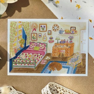 Carte postal, "Ma chambre cosy" art prints, peinture aquarelle