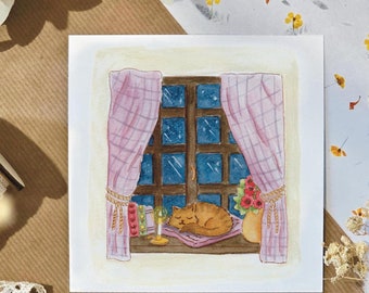 Postkarte, Poster, „Nacht am Fenster“, Kunstdrucke, Aquarellmalerei