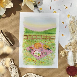 Carte postal, affiche, pique-nique champêtre, art prints, peinture aquarelle