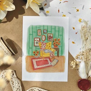 Carte postal, affiche, dans le fauteuil, art prints, peinture aquarelle