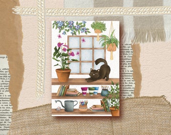 Cartes postales affiche un chat dans la serre fleur plante botanique carte en volet illustration peinture, prints tirage d'art