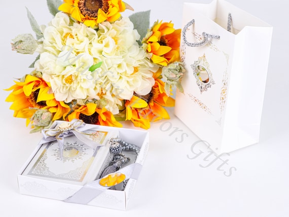 Personalized Gray Quran Box Cardboard Bag Pearl Prayer Bead Islamic Gift Set | Ramadan Eid Hajj Umrah Wedding Birthday Graduation Gift