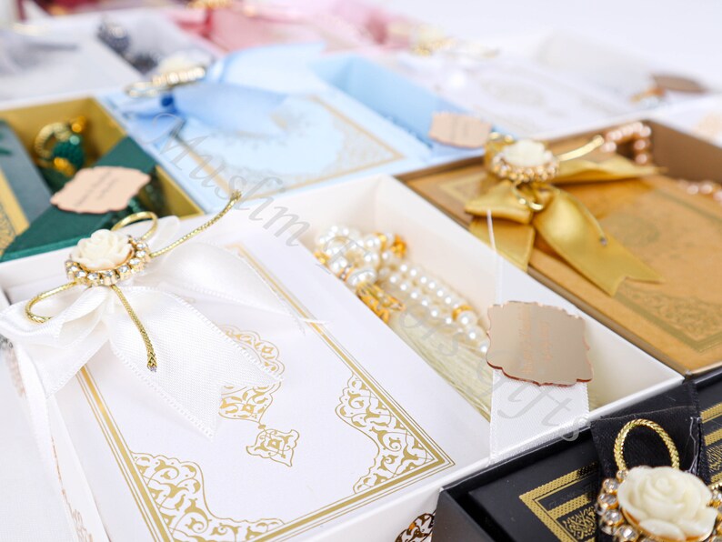 Personalized White Quran Box Cardboard Bag Pearl Prayer Bead Islamic Gift Set Ramadan Eid Hajj Umrah Wedding Birthday Graduation Gift image 6