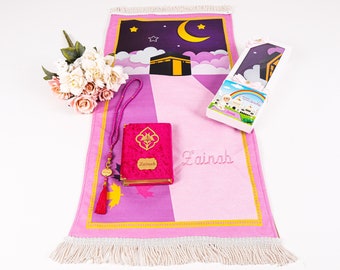 Alfombra de oración personalizada para niños Corán Tasbih Set de regalos para niñas / Salah Mat Janamaz Ramadán Eid Hajj Umrah Regalos de graduación de cumpleaños para niños