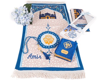 Ensemble cadeau personnalisé Coran Tasbih pour enfants avec tapis de prière pour garçon | Salah Mat Janamaz Ramadan Eid Hajj Omra Anniversaire Cadeaux de remise des diplômes pour enfants