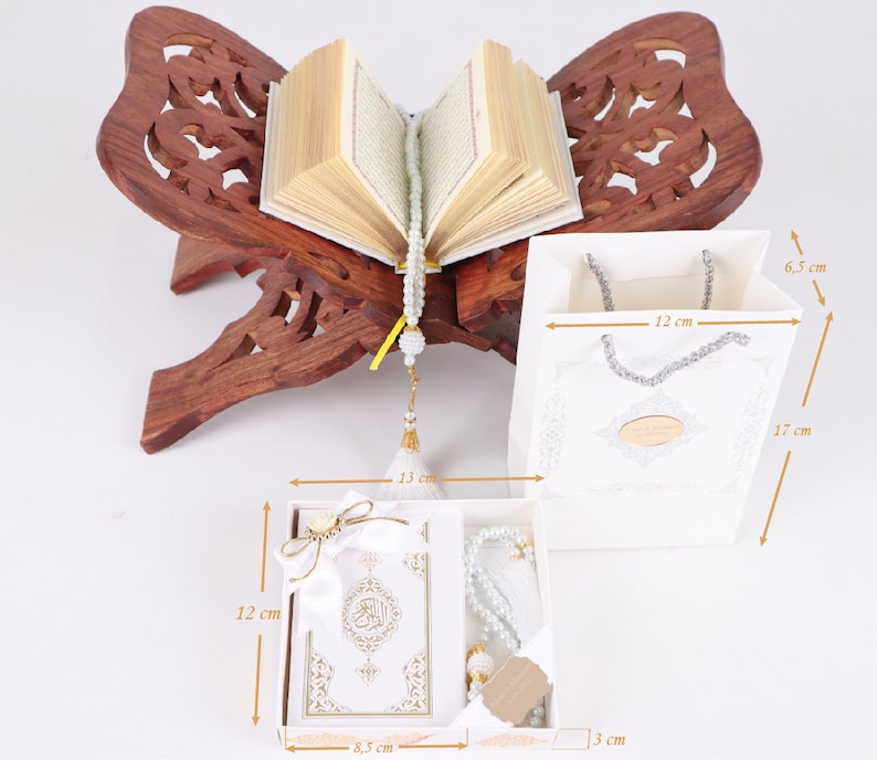 Personalized White Quran Box Cardboard Bag Pearl Prayer Bead Islamic Gift Set Ramadan Eid Hajj Umrah Wedding Birthday Graduation Gift image 3