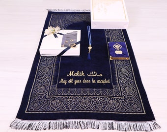 Ensemble-cadeau personnalisé de tapis de prière en chenille velours Coran perle Tasbih | Cadeaux Ramadan Eid Mariage Anniversaire Saint-Valentin des pères et des mères