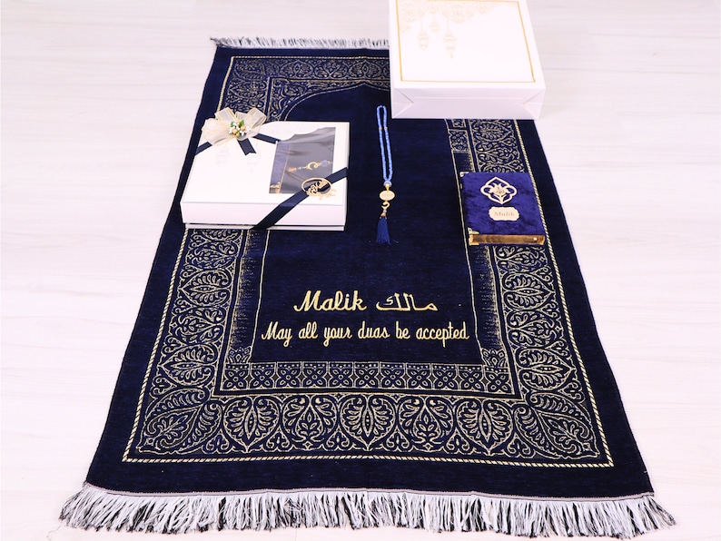 Personalized Chenille Prayer Mat Velvet Quran Pearl Tasbih Gift Set Ramadan Eid Wedding Birthday Mother's Father's Valentine's Days Gifts Navy Blue
