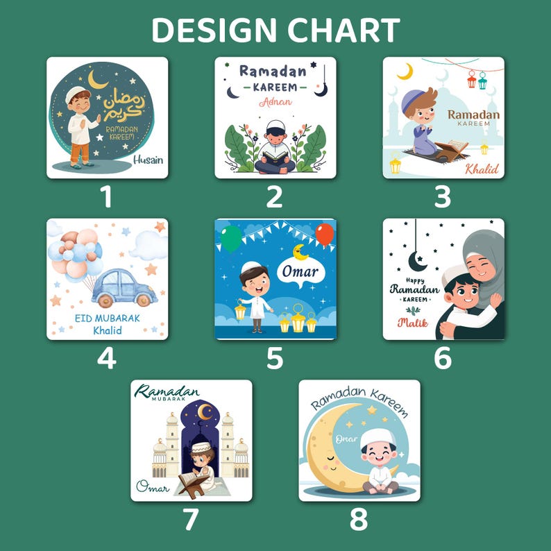 May include: A design chart featuring eight colorful illustrations with Islamic themes. Each square depicts cartoon figures, crescent moons, and text in Arabic and English, including "Ramadan Kareem" and names like "Husain" and "Omar."