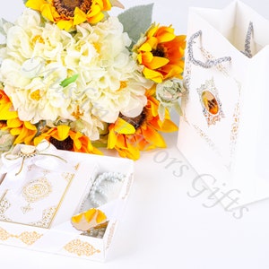 Caja de cartón personalizada con forma de Corán blanco, bolsa de perlas para rezar, juego de regalo islámico, regalo para Ramadán, Eid, Hajj, Umrah, boda, cumpleaños, graduación