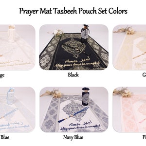 May include: A set of prayer mats and tasbeeh pouches in a variety of colours, including beige, black, gold, light blue, navy blue, and pink. Each set features a prayer mat with embroidered Arabic text and a matching tasbeeh pouch.