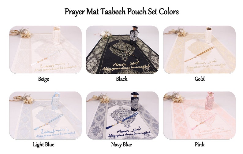 May include: A set of prayer mats and tasbeeh pouches in a variety of colours, including beige, black, gold, light blue, navy blue, and pink. Each set features a prayer mat with embroidered Arabic text and a matching tasbeeh pouch.
