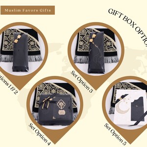 May include: Five different gift box options for Muslim favors. Each box includes a prayer rug with gold embroidery, a black prayer mat, and a black gift box. The gift boxes are labeled with the text "Set Option 1 & 2", "Set Option 3", "Set Option 4", and "Set Option 5".