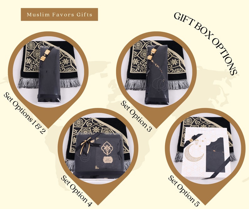 May include: Five different gift box options for Muslim favors. Each box includes a prayer rug with gold embroidery, a black prayer mat, and a black gift box. The gift boxes are labeled with the text "Set Option 1 & 2", "Set Option 3", "Set Option 4", and "Set Option 5".