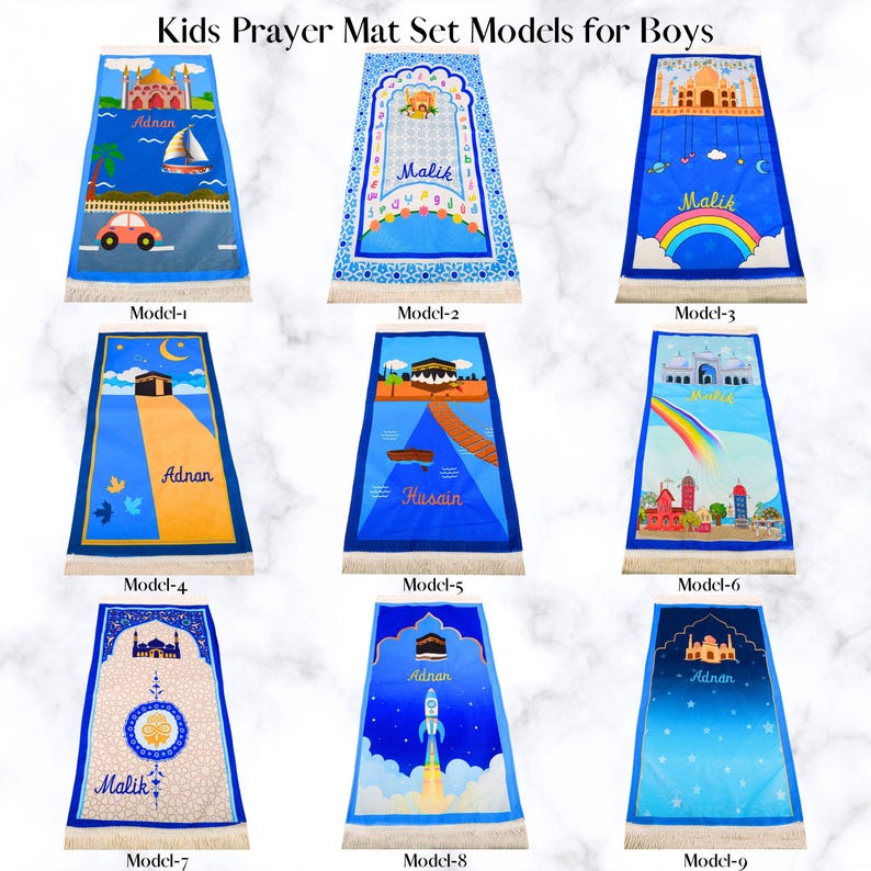 May include: Nine colorful prayer mats for boys, each with unique designs and names. The mats feature illustrations of mosques, rainbows, and other religious symbols. The text "Kids Prayer Mat Set Models for Boys" is at the top.