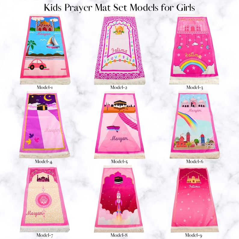 May include: Nine pink prayer mats for girls, each with unique designs. The mats feature illustrations of mosques, rainbows, and other religious symbols. Names like "Fatima" and "Maryam" are displayed on some mats. The text "Kids Prayer Mat Set Models for Girls" is at the top.