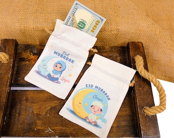 Personalized Eid Gift Bag for Kids - Custom Ramadan Favor Pouch - Islamic Party Goodie Bag - Cotton Treat Bag with Name - Gif Bag for Guests