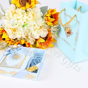 Caja de cartón personalizada con forma de Corán en color azul claro, bolsa de perlas para rezar, juego de regalo islámico, regalo para Ramadán, Eid, Hajj, Umrah, boda, cumpleaños, graduación
