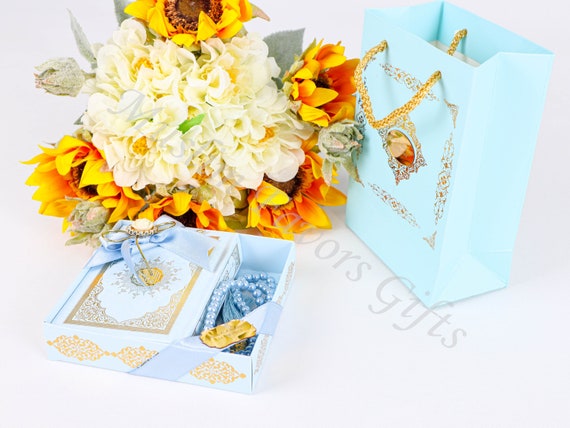Personalized Light Blue Quran Box Cardboard Bag Pearl Prayer Bead Islamic Gift Set | Ramadan Eid Hajj Umrah Wedding Birthday Graduation Gift