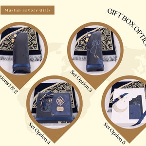 May include: Five different gift box options for Muslim favors. The boxes are decorated with blue and gold designs and contain prayer rugs, prayer beads, and other Islamic items. The text on the image reads "Muslim Favors Gifts" and "Gift Box Options".