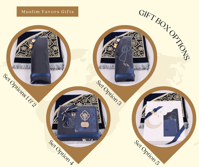 May include: Five different gift box options for Muslim favors. The boxes are decorated with blue and gold designs and contain prayer rugs, prayer beads, and other Islamic items. The text on the image reads "Muslim Favors Gifts" and "Gift Box Options".