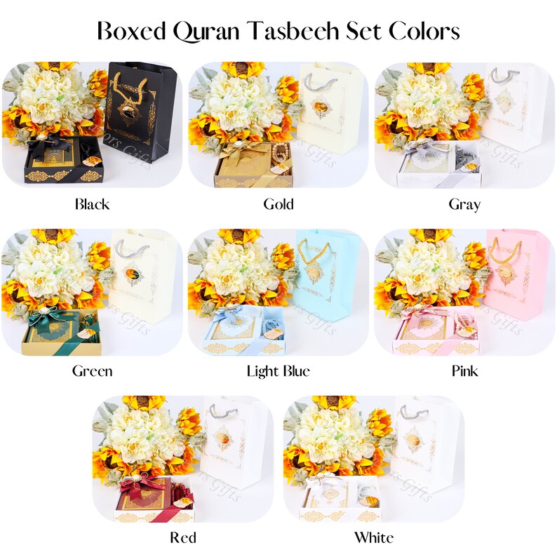 May include: A set of boxed Quran and Tasbeeh sets in various colors, including black, gold, gray, green, light blue, pink, red, and white. Each set includes a Quran, a Tasbeeh, and a gift bag.